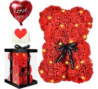 Ours On Rose,Rose Bear Teddy Flower,Ourson À Fleurs Mignon Avec Boîte Cadeau,Lumières Led,Carte D'Amour Et Ballon,Cadeau Pour La Fête Des Mères,La Saint-Valentin,Anniversaire (25 X 18 Cm)