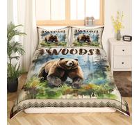 Ours Parure de Lit 140x200cm Pour Enfants Wild Animaux Sets de Housse de Couette Village Cabin Pays Housse de Couette Décor Nature WildLife Ours Jaune Vert Parure Housse de Couette 2 pièces