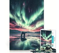 Ours Polaire dans Un Ciel d'aurores boréales Puzzle de 1000 pièces pour Adolescents Jeu de logique Solide Amusant et paisible Découpe de précision Cadeau Exceptionnel (38x26cm)