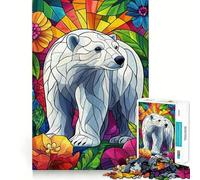 Ours Polaire dans Un vitrail Floral Puzzle de 1000 pièces pour Adultes Jeu de réflexion Relaxant Image à Assembler Cadeau de Noël (38x26cm)