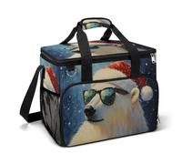 Ours polaire portant un chapeau de Père Noël rouge, lunettes de camping, sac isotherme pour la plage, sac isotherme portable anti-fuite avec bandoulière