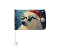 Ours polaire portant un chapeau de Père Noël rouge, lunettes, drapeau de voiture, clip pour fenêtre extérieure, 30 x 45 cm, décoration de voiture double face