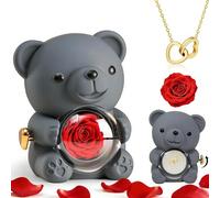 Ours Rose Eternelle avec Compris Boîte,Ours Boite Eternelle Avec Collier,Ourson avec Rose Eternel, Cadeau Saint Valentin Femme, Rose éternelle Cadeau Anniversaire Femme, Gift Fête des Mères (Gris)