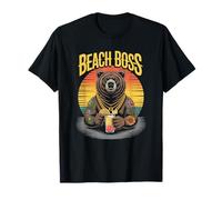 Ours Tatoué Boss avec Coucher De Soleil Tropical Boisson Drôle T-Shirt