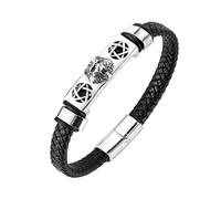 Ouruiba 21CM Bracelet Gourmette Homme en Cuir Tressé à la Main avec Tête de Léopard et Étoile Fermeture Magnétique Acier Inoxydable Bijou Punk