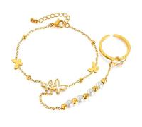 Ouruiba Bracelet et Bague en Acier Inoxydable avec Papillon Nacre Plaqué Or Parure de Main Élégante Ajustable pour Femme Fille