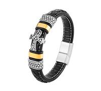Ouruiba Bracelet Homme Croix de Vie Ankh Egyptien Cuir Fermoir Magnétique Acier Inoxydable Bijoux Or - 23CM
