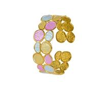 Ouruiba Bracelet Manchette Ouverte Circulaires Colorées Émaillés Double Rangs Acier Inoxydable Doré Bracelet Géométrique Bijoux Femme Fille Rose