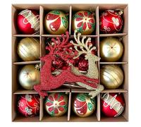 Ouruiba Coffret de 40 Boules de Noël en Plastique à Paillettes Rouge Doré Cerf Babiole Kit de Décorations à Suspendre Incassable pour Sapin de Noël