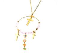 Ouruiba Collier Pendentif Circulaire à Franges Fleur Croix Perles en Acier Inoxydable Réglable Bijou Bohème Ethnique Femme Fille