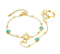 Ouruiba Parure Bracelet Bague en Acier Inoxydable Étoile à Huit Branches Nacre Turquoise Ensemble de Bijoux Élégant Cadeau Unique pour Femme Fille