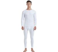Ouruikia Ensemble de sous-vêtements Thermiques pour Homme Coton Manches Longues Col Rond Hauts Leggings, Blanc, L