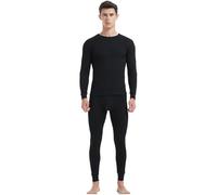 Ouruikia Ensemble de sous-vêtements Thermiques pour Homme Coton Manches Longues Col Rond Hauts Leggings, Noir, XL