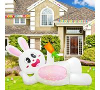 OurWarm Décorations de Pâques gonflables d'extérieur de 2,4 m, lapin de Pâques gonflable tenant une carotte, gonflables de Pâques pour l'extérieur avec lumières LED rotatives, décorations de printemps