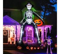 OurWarm Squelette Gonflable de 3 m - Décoration d'halloween géante Tenant Une Citrouille - Squelette Gonflable Effrayant avec LED intégrées pour Toit, Balcon, fête de Jardin
