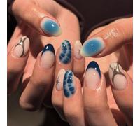 OuryTech Ongles Pressés, 24 Pièces Ongles à Coller Courts en Amande, Design French Tip avec Imprimé Alligator Bleu Ombre Étoiles Argentées Ongles Artificiels pour Femmes