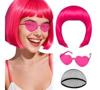 OuryTech Perücke Fasching, Perruque Rouge Bob avec Franges, Perruques Courtes pour Femmes, Perruque Cosplay Amusante Résistante à la Chaleur avec Lunettes de Soleil & Bonnet de Perruque pour