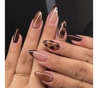 OuryTech Vernis à ongles pressés, 24 pièces Medium Amande Faux Ongles avec motif Léopard Marron et style French, Designs dégradés, Couverture complète Acrylique Brillant pour Femmes