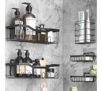OUSFOT Etagere Salle de Bain 5 Pièces Etagere Douche Aucun Perçage Requis, Rangement Salle de Bain Noir avec Crochet, pour Salle de Bain, Cuisine, Toilettes