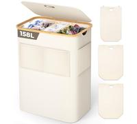 OUSFOT Panier à linge 3 Compartiments avec Couvercle 158L Corbeille a linge pliable en Tissu Oxford 600D avec Sac à linge amovible, poche avant en filet, Bac a linge Laundry baskets, Beige