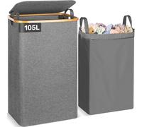 OUSFOT Panier à linge avec couvercle 105L corbeille a linge pliable avec sac à linge amovible panier a linge en bambou bac a linge Laundry baskets Gris