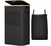OUSFOT Panier à Linge avec Couvercle, 105L Grand Corbeille à Linge avec Poignées en Bambou, Bac à Linge en Tissu 600D Oxford Imperméable avec sac Amovible pour Buanderie Chambre à coucher Salon, Noir