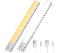 OUSFOT Reglette LED 30CM 2 Pièces, Lampe Detecteur de Mouvement Interieur 3 Températures de Couleur avec Luminosité Réglable, Chargement USB, Convient aux Armoires, Placards, Salles d'étude