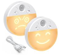 OUSFOT Veilleuse Detecteur de Mouvement, 63 LED Veilleuse Bébé Lampe Rechargeable Interieur，Visage Souriant Intégré, 2 Pièces Adapté pour Enfant Adulte la Chambre, L'escalier,Cuisine,Séjour