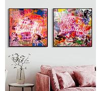 OuShen Abstrait Banksy Graffiti Art Toile Peintures Moderne La Vie Est Belle Affiches et Impressions Mur Art Photo pour La Décoration Intérieure 65x65cmx2pcs Sans Cadre