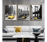 OuShen Impressions sur toile Style Vintage Noir Blanc New York City Building Affiche Jaune Taxi Art Peintures Salon Décoration Murale 35x52cmx3pcs Sans Cadre