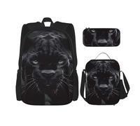 OUSIKA Animal Panther Lot de 3 sacs à dos décontractés avec boîte à déjeuner et trousse à crayons pour homme et femme, noir, Noir , Taille unique