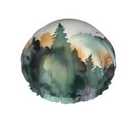OUSIKA Bonnet de douche réutilisable pour femme - Double couche - Imperméable - Motif oiseaux de montagne - Aquarelle - Élastique - Protection des cheveux pour femme - Spa et salon