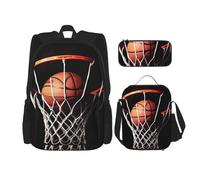 OUSIKA Ensemble de 3 pièces sac à dos imprimé de basket-ball décontracté avec boîte à déjeuner et trousse à crayons pour homme et femme, Noir , Taille unique