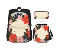 OUSIKA Ensemble de 3 sacs à dos avec boîte à déjeuner et trousse à crayons pour homme et femme Motif couronne florale, Noir , Taille unique