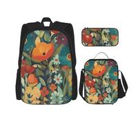 OUSIKA Ensemble de 3 sacs à dos d'été à imprimé floral décontracté avec boîte à déjeuner et trousse à crayons pour homme et femme, Noir , Taille unique