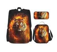 OUSIKA Ensemble de 3 sacs à dos imprimés cool tigre en flamme, sac à dos décontracté avec boîte à déjeuner et trousse à crayons pour homme et femme, Noir , Taille unique