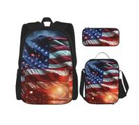 OUSIKA Ensemble de 3 sacs à dos imprimés de feux d'artifice avec motif drapeau américain, sac à dos décontracté avec boîte à déjeuner et trousse à crayons pour homme et femme, Noir , Taille unique