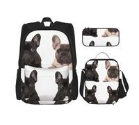 OUSIKA Ensemble sac à dos 3 pièces imprimé bouledogue français décontracté avec boîte à déjeuner et trousse à crayons pour homme et femme, Noir , Taille unique