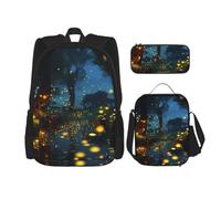 OUSIKA Fireflies Lot de 3 sacs à dos imprimés décontractés avec boîte à déjeuner et trousse à crayons pour homme et femme, Noir , Taille unique