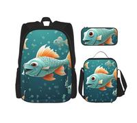 OUSIKA Fish Catoon Lot de 3 sacs à dos imprimés décontractés avec boîte à déjeuner et trousse à crayons pour homme et femme, noir, Noir , Taille unique