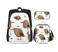 OUSIKA Kiwi Birds Lot de 3 sacs à dos décontractés avec boîte à déjeuner et trousse à crayons pour homme et femme Noir, Noir , Taille unique