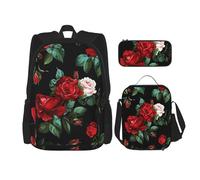 OUSIKA Lot de 3 sacs à dos avec joli motif rose, sac à dos décontracté avec boîte à déjeuner et trousse à crayons pour homme et femme, Noir , Taille unique