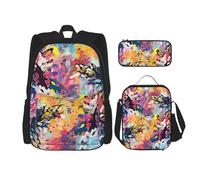 OUSIKA Lot de 3 sacs à dos colorés avec imprimé fleurs abstraites avec boîte à déjeuner et trousse à crayons pour homme et femme, noir, Noir , Taille unique