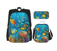 OUSIKA Lot de 3 sacs à dos décontractés avec boîte à déjeuner et trousse à crayons pour homme et femme Motif poissons tropicaux Noir, Noir , Taille unique