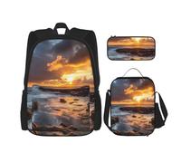 OUSIKA Lot de 3 sacs à dos décontractés avec boîte à déjeuner et trousse à crayons pour homme et femme Motif coucher de soleil, Noir , Taille unique