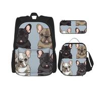 OUSIKA Lot de 3 sacs à dos décontractés avec boîte à déjeuner et trousse à crayons pour homme et femme, motif bouledogue français, noir, Noir , Taille unique