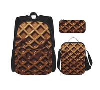 OUSIKA Lot de 3 sacs à dos décontractés avec boîte à déjeuner et trousse à crayons pour homme et femme Motif gaufres chocolat, Noir , Taille unique