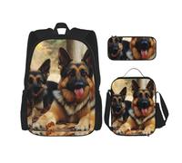 OUSIKA Lot de 3 sacs à dos décontractés avec boîte à déjeuner et trousse à crayons pour homme et femme Motif berger allemand, Noir , Taille unique