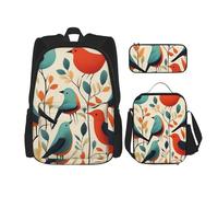OUSIKA Lot de 3 sacs à dos décontractés avec boîte à déjeuner et trousse à crayons pour homme et femme Motif volée d'oiseaux, Noir , Taille unique