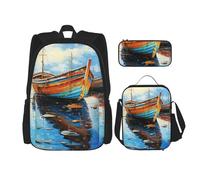 OUSIKA Lot de 3 sacs à dos décontractés avec boîte à déjeuner et trousse à crayons pour homme et femme Motif bateaux et peintures à l'huile de mer, Noir , Taille unique